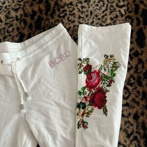 BCBG White Pants with Red Floral Design